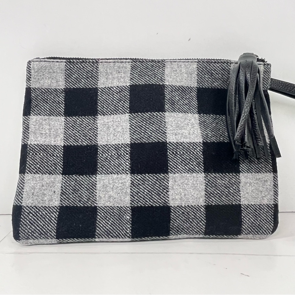 Plaid Wool Wristlet Clutch Blend Check Gray Black Leather Tassel J. Jill